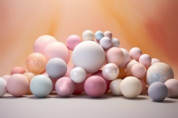 Soft pastel spheres delicately arranged, casting subtle shadows and highlights in a visually captivating ensemble.