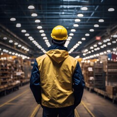 view from behind, industrial worker standing in a warehouse wearing a yellow hard hat and jacket
