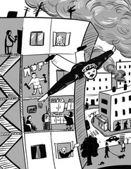 city houses and residents, rich life in the city, graphic illustration