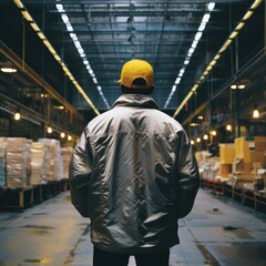 view from behind, industrial worker standing in a warehouse wearing a yellow hard hat and jacket
