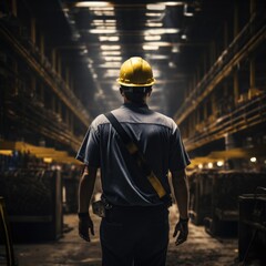 view from behind, industrial worker standing in a warehouse wearing a yellow hard hat and jacket
