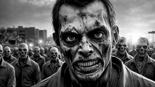 A crowd of zombies walks through a destroyed city at sunset. Horror. Zombie close-up. Apocalypse