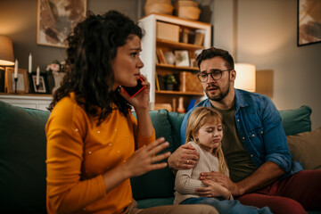 Mom reaching for the phone, dad comforting their daughter in the living room during a health scare