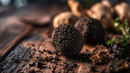 Black and white truffles on wooden background - obrazy, fototapety, plakaty