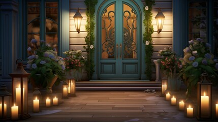 Fototapeta na wymiar An inviting entrance adorned with candles and a bouquet of freshly picked flowers, emanating a cozy and inviting atmosphere. - Generative AI