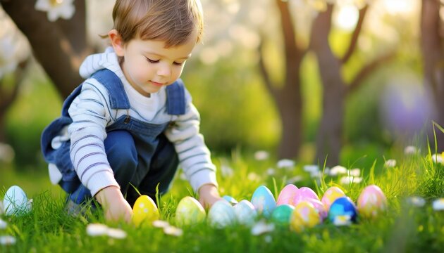 Child participating in an Easter Egg Hunt - Colorful Eggs assorted with Child hands grabbing the Egg. Image for Easter.