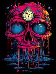 T-shirt design, 70's pop art, line art, emblem, sticker style, surreal hand holding a melting clock created with Generative Ai
