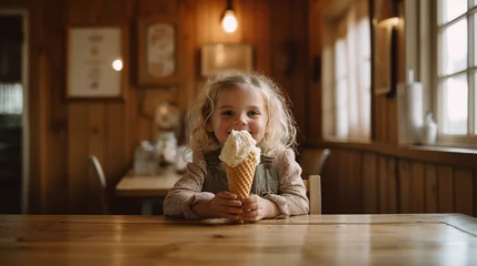 Gordijnen Little girl eating ice cream in a cozy cafe © Mechastock