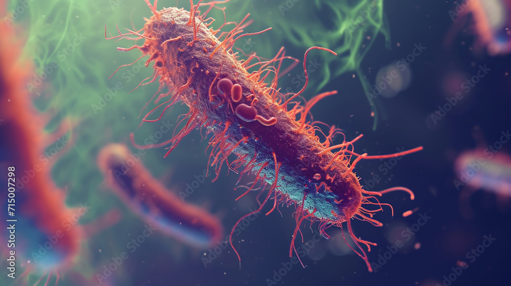 Poster a microscopic view of a single bacterium with detailed textures, microbe, dynamic and dramatic compo
