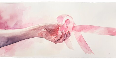 A person holding a pink ribbon with a watercolor style Generative AI