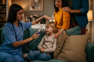 Hispanic doctor general practitioner helping the child to put on a nebulizer inhaler face mask. Asthma treatment for children