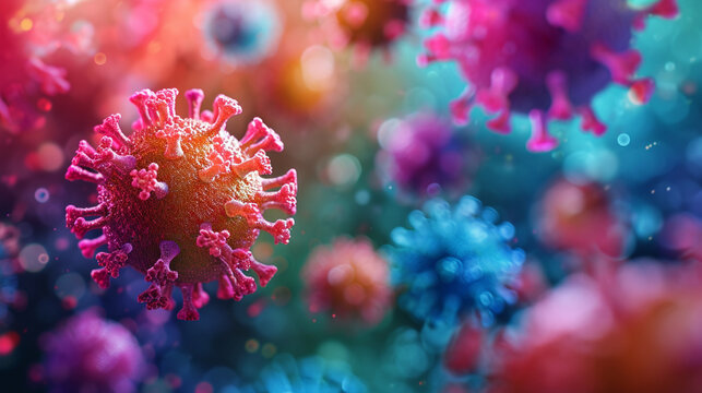 Computer-generated image of colorful, glowing virus particles, microbe, dynamic and dramatic compositions, with copy space