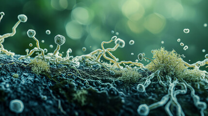 A magnified view of symbiotic microbes living on a plant root, microbe, dynamic and dramatic compositions, with copy space - obrazy, fototapety, plakaty