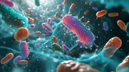 Fototapeta premium A stylized illustration of a microbial battle, depicting phagocytosis, microbe, dynamic and dramatic compositions, with copy space