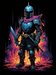 T-shirt design, 16-bit pixel art, retro arcade, pixelated knight with sword, pastel colors created with Generative Ai