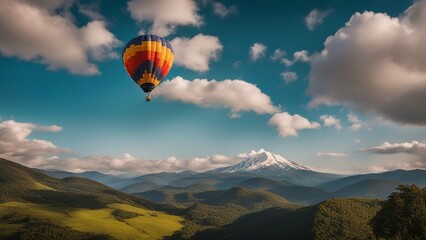 hot air balloon over region country  A hot air balloon flying over a mountain range. The hot air balloon is colorful and festive,  
