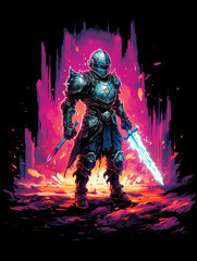 T-shirt design, 16-bit pixel art, retro arcade, pixelated knight with sword, pastel colors created with Generative Ai