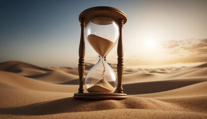 An hourglass with sand running out. AI generated - obrazy, fototapety, plakaty