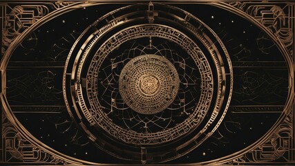 golden zodiac sign  A torus yantra art with a hypnotic and geometric style. The art has a black background 