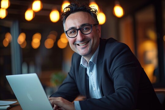 Smiling Man in Suit and Glasses Using Laptop Generative AI