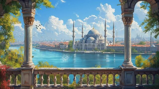 beautiful view of the mosque from the balcony with cartoon or anime style. Seamless looping 4k time-lapse virtual video animation background