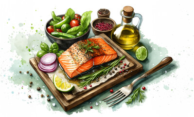Fototapeta na wymiar Grilled salmon steak with vegetables illustration watercolor painting. 