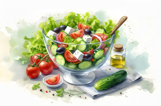 Greek salad with tomato and cucumber healthy food illustration watercolor painting. Generative AI