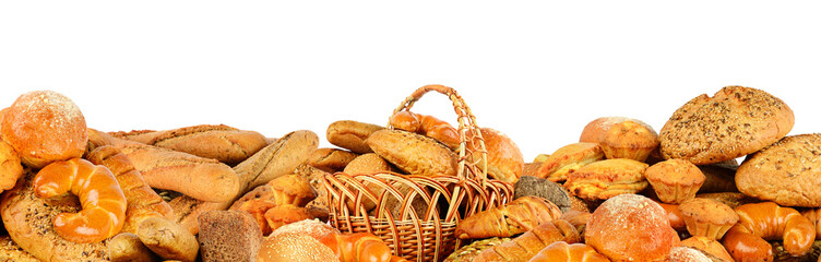 Wide collage freshly baked bread items isolated on white