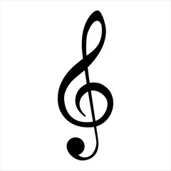 Black music note symbol. Treble clef isolated on white background.  Hand drawn doodle thick outline treble clef. Vector illustration. - obrazy, fototapety, plakaty