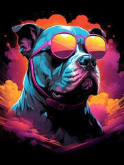 T-shirt design, 80's pop art, mighty pitbull, synthwave style, emblem created with Generative Ai