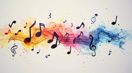 Black musical notes elegantly connected by five curved lines on a white background. Create simple, minimalist designs with plenty of space for inserting text.