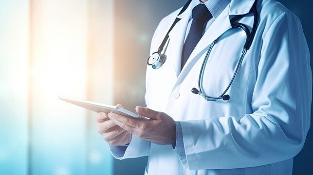 Doctor using smartphone tablet. Smart modern technology in medicine and healthcare concept on blue background