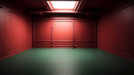 Empty red room with a green floor
