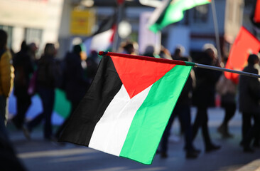 Palestinian flag waving during a peaceful protest demonstration with many people