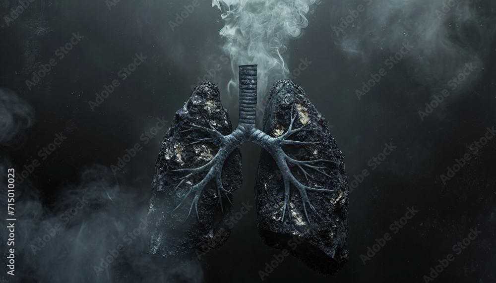 Poster a black and white image of a lung with smoke coming out of it generative ai