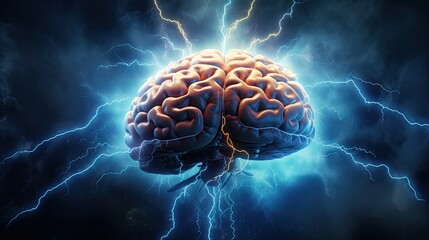 Brainstorming concept. Human brain and thunderbolt. Smart brain. Creativity. Fast learning - obrazy, fototapety, plakaty