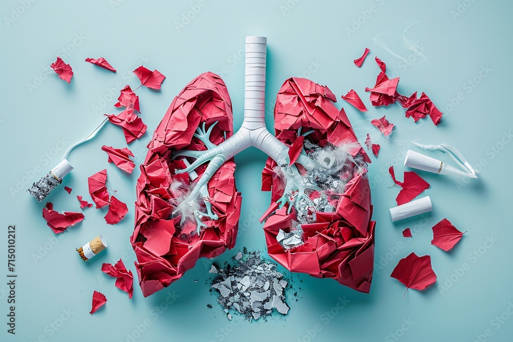 Poster a red and white lung model with a cigarette and a tube of tobacco generative ai