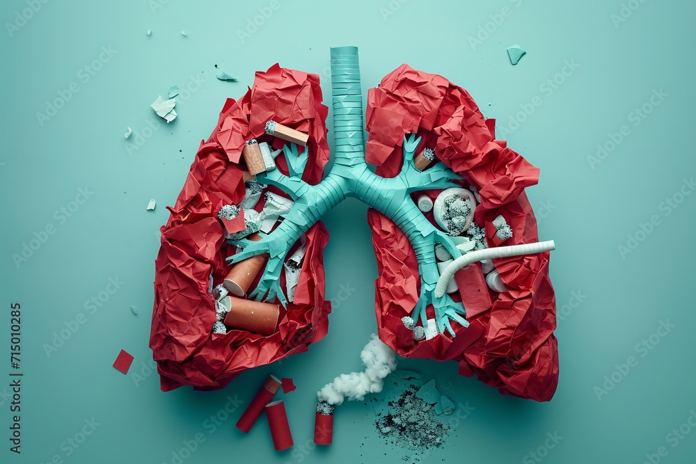Poster a blue and red lung with cigarettes and other trash inside generative ai