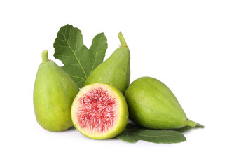 Cut and whole green figs with leaves isolated on white