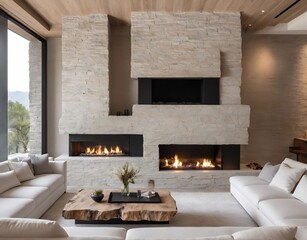 Wooden live edge accent coffee table between white sofas by fireplace in stone cladding wall. Minimalist style home interior design of modern living room in villa. 