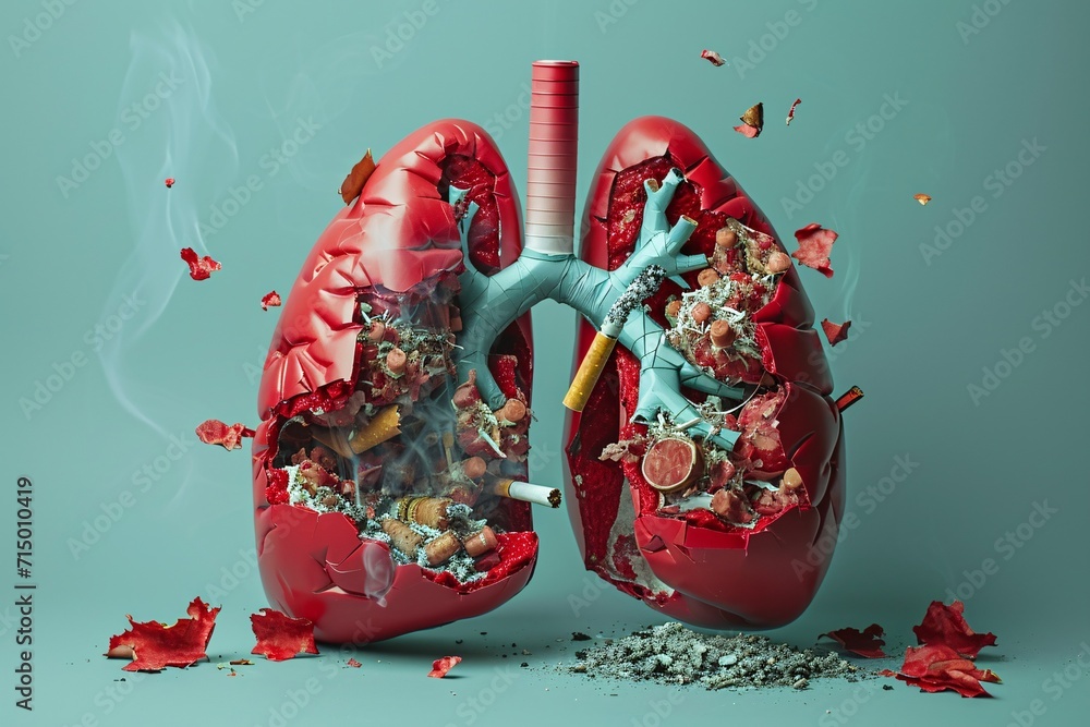 Poster a red and white lung with a cigarette and a lighter inside generative ai