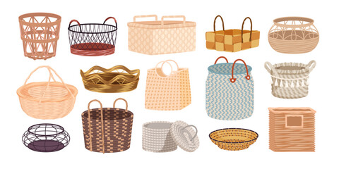 Baskets set vector illustration. Cartoon isolated wicker, metal and straw baskets of round and square shape, rope and fabric decor, wooden boxes with handles for furniture and picnic food storage - obrazy, fototapety, plakaty
