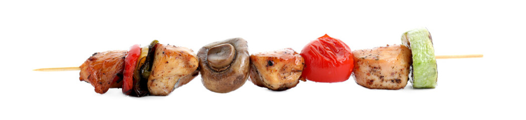 Delicious shish kebab with mushroom, tomato and zucchini isolated on white