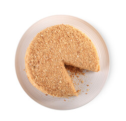 Delicious cut Napoleon cake isolated on white, top view