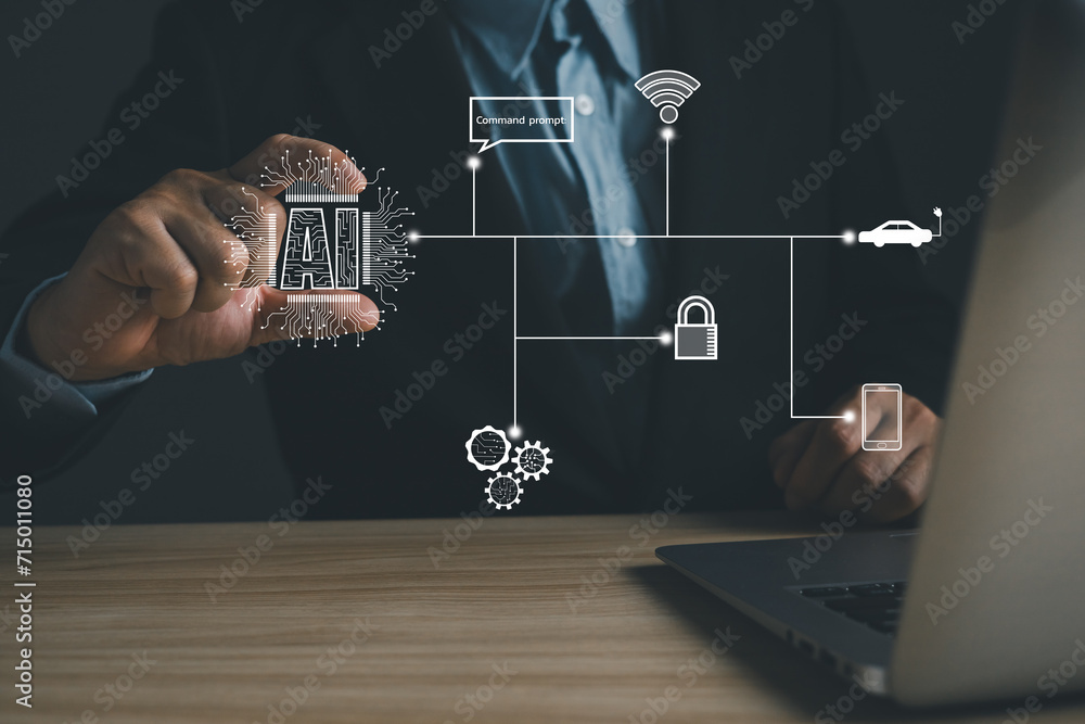 Poster a person hold ai chip.new technology big data and business process strategy, customer service manage