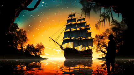 Tropical island sunset with silhouettes of trees, and pirate ship - obrazy, fototapety, plakaty