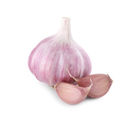 Fresh raw garlic head and cloves isolated on white