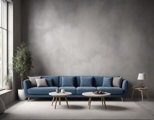Blue sofa against concrete wall. Scandinavian loft home interior design of modern living room in minimalist studio apartment.