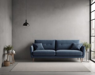 Fototapeta na wymiar Blue sofa against concrete wall. Scandinavian loft home interior design of modern living room in minimalist studio apartment.