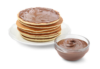 Tasty pancakes with chocolate paste isolated on white